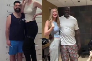 奥尼尔与模特合影 ！终于看到正常的身高搭配了